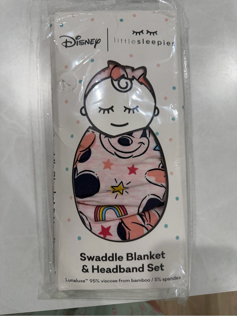 Little Sleepies Pink Minnie & Rainbow Swaddle Blanket and Headband Set